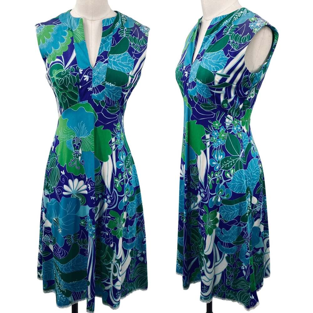 Vintage 70s Retro Floral Fit & Flare Dress Sleeveless V Neck Blue Green White S